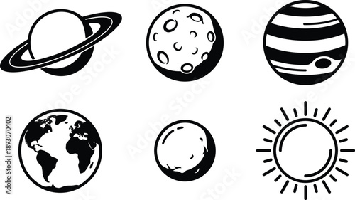 Flat design planetary icons set showing six celestial bodies including ringed planet moon earth gas giant cratered moon and stylized sun bold outline centered in black