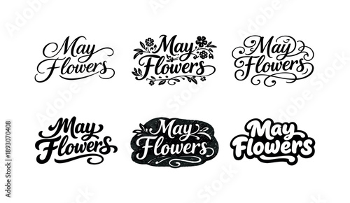 May Flowers Lettering Grid. May flowers script. Set lettering. harmonious lettering variations of the same emblematic concept, each with different artistic