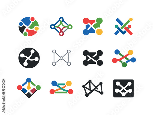 Public Transit Logo Icons. Public transportation networks. Icon set. Set Logo of public transportation networks: abstract nodes and routes symbolizing mobility