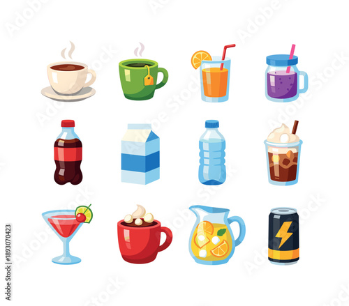 Colorful Drink Icons. Drinks. Colorful flat vector icons set of drinks: coffee cup, tea mug, juice glass, smoothie jar, soda bottle, milk carton, water bottle,