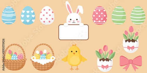 Easter Delights: A cheerful assortment of Easter decorations, including decorated eggs, a friendly bunny, charming chicks, flower-filled baskets, and delightful tulip displays.