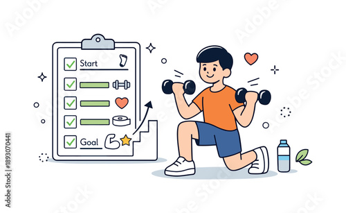 Fitness Progress Tracker. Personal fitness progress. A simplified character exercising with a checklist or chart nearby, tracking achievements step by step.