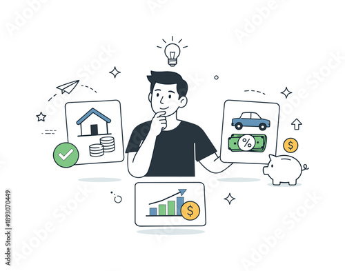 Smart Financial Choices. Smart money decisions. Individual choosing between financial options shown as cards and icons, confidence and responsibility. Clean