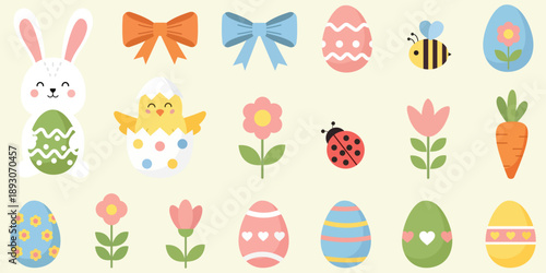 Easter Spring Collection: A vibrant compilation of spring and Easter elements, including a playful bunny, colorful eggs, blooming flowers, and cheerful insects, perfect for festive designs.