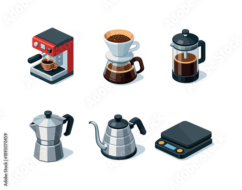 Coffee Brewing Icons. Coffee Brewing. Isometric flat vector icons set of Coffee Brewing: espresso machine, pour-over dripper, french press, moka pot, coffee