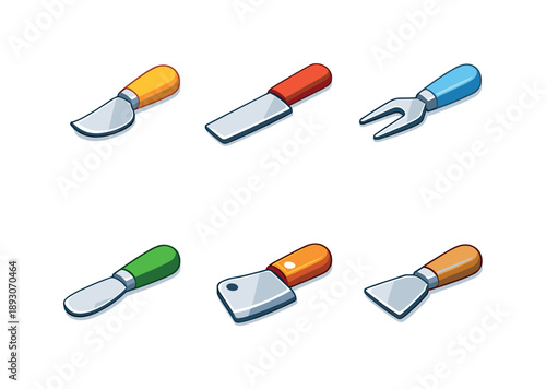 Colorful Cutlery Icons. Kitchen Cutlery. Isometric flat vector icons set of Kitchen Cutlery: small cheese knife, flat slicing blade, forked cheese server,