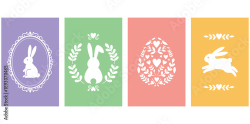 Easter Cards: Collection of easter bunny, and easter egg illustrations in a row, each design showcasing a unique artistic style and embodying the joyous spirit of Easter.