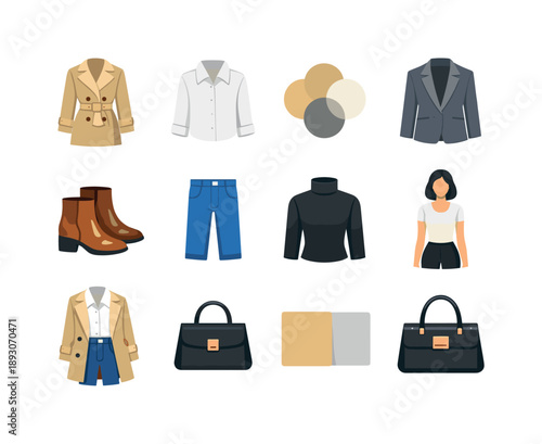 Timeless Fashion Icons. TimelessStyle. Colorful flat vector icons set of TimelessStyle: classic trench coat, white button-up, neutral color palette, tailored