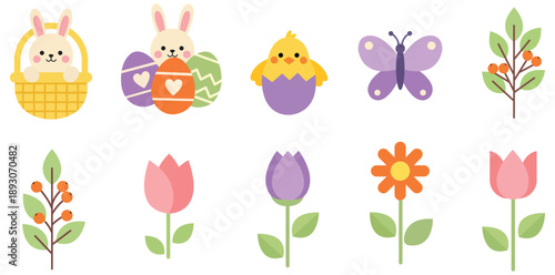 Springtime Festivities: A delightful arrangement of spring-themed illustrations, including Easter eggs, a basket with bunny, blooming flowers, a charming chick hatching, and fluttering butterfly.