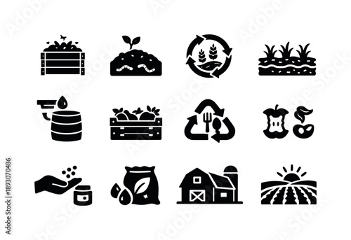Zero Waste Farming. Zero waste farming. Solid icon set of Zero waste farming: compost bin, organic soil, crop rotation, mulch layer, rainwater harvest,
