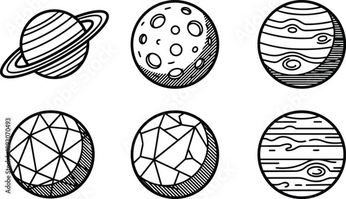 Hand drawn sketch planet icon set six circular celestial symbols including ringed planet cratered moon geometric planet facets woodgrain planets line art isolated black outline vector