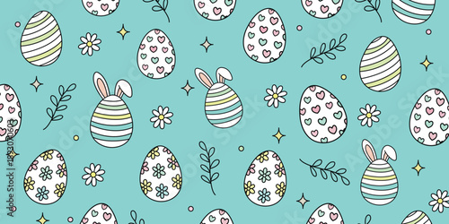 Easter Egg Pattern: An egg-cellent pattern for spring, celebrating Easter with charming eggs adorned with hearts, stripes, and floral accents, creating a whimsical and cheerful background.