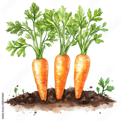 watercolor of Fresh Carrots Growing In Soil draw illustration, isolated on a white background.