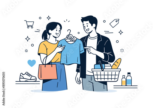 Couple Shopping Delight. Couple shopping moment. Two people choosing items and enjoying time together while shopping. Lighthearted interaction and relaxed