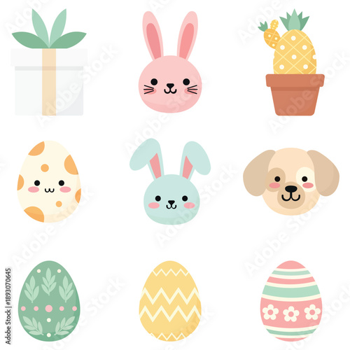 Easter Delights: A collection of cute, hand-drawn Easter-themed illustrations featuring delightful icons of the season.