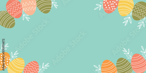 Easter Egg Elegance: A cheerful composition of vibrant Easter eggs is artfully arranged with delicate foliage elements on a soft, inviting background, ready to frame your festive message.