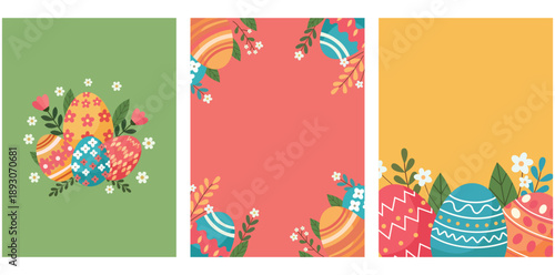 Easter Eggs Collection: A trio of vibrant, eye-catching Easter cards showcases colorful eggs amidst delicate floral accents, evoking the joy and renewal of spring.