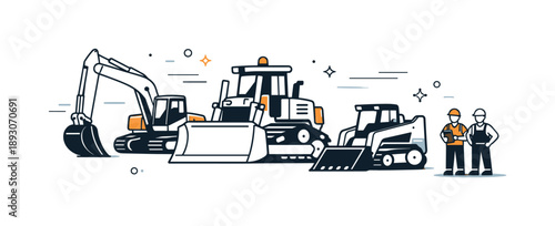 Construction Power. Heavy machinery illustration. Large construction machines like excavators and bulldozers stand at a work site, showing strength and
