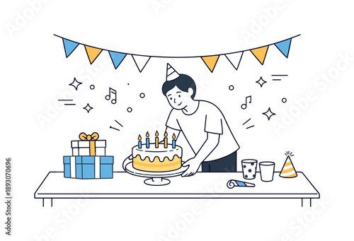 Birthday Party Setup. Birthday party preparation. Person arranging decorations and placing a cake on the table. Anticipation and care before a joyful event.