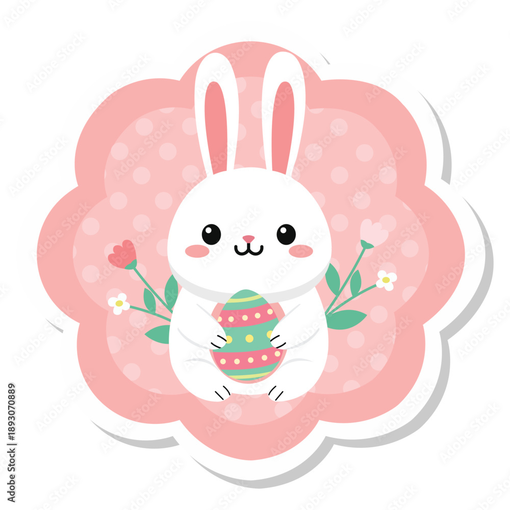 Obraz premium Rabbit Sticker Badge Vector Illustration with Decorative Shape Patterned Egg and Playful Character