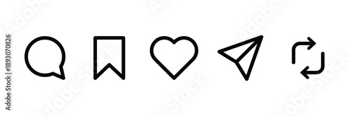 Set of outlined Instagram interaction icon collection.  Like, comment, share, repost symbol.