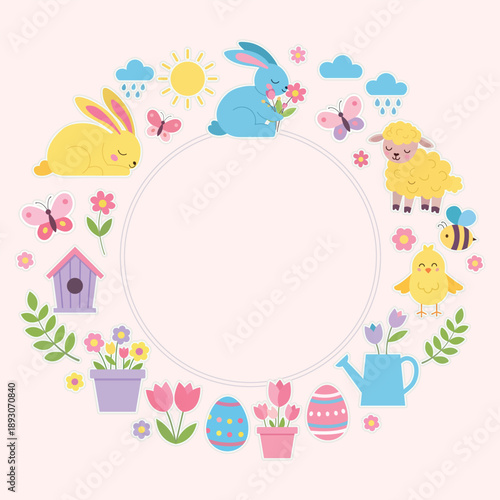 Easter Celebration: A charming collection of Easter symbols, including bunny, chick, lamb, flowers and eggs, arranged to create a joyful, seasonal border.