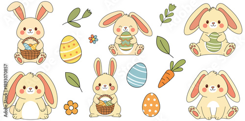 Easter Bunnies and Easter Eggs in Joyful Display: Adorable Easter bunnies gather with colorful Easter eggs. A celebration of spring's arrival and the joyful spirit of Easter!