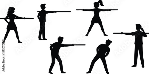 Silhouette flat design group of six people holding long poles in various poses side view isolated vector art minimal high contrast composition exercise training balance posture