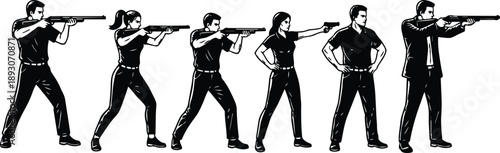 Retro line art side view sequence of men and women aiming rifles and pistols in shooting stances at practice range high black and white contrast bold