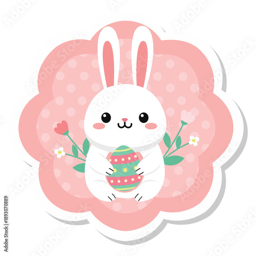 Joyful Easter Bunny Illustration: An adorable bunny holds a decorated egg within a whimsical frame, embodying the joy and festivity of Easter. 