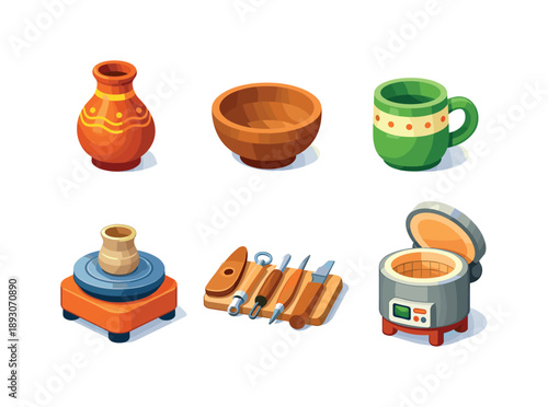 Handmade Pottery Icons. Handmade pottery pieces. Isometric flat vector icons set of Handmade pottery pieces: ceramic vase, clay bowl, handmade mug, pottery