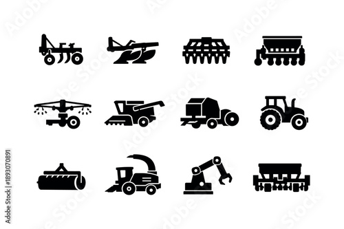 Field Machinery Icons. Field machinery tools. Solid icon set of field machinery tools: cultivator, plow, harrow, seed drill, irrigation sprayer,