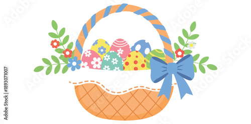 Easter Egg Basket: An artistically arranged basket overflowing with vibrant, decorated eggs, adorned with floral elements and a cheerful blue bow.