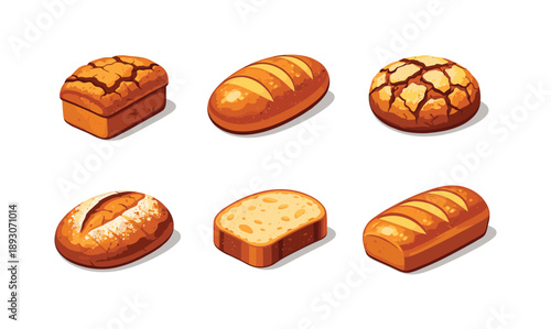 Crusty Loaves Icons. Crusty Loaves. Isometric flat vector icons set of Crusty Loaves: thick-crust bread, oval crusty loaf, cracked crust surface, rustic bakery