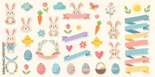 Easter Delight: An array of delightful Easter-themed illustrations, showcasing charming bunnies, colorful eggs, blooming flowers, and festive ribbons. 