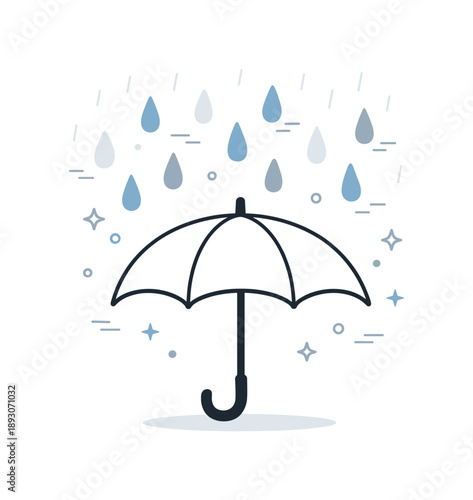 Serene Rain Protection. Umbrella in rain illustration. Simplified umbrella with soft falling drops above, visual rhythm and motion suggesting gentle shower and