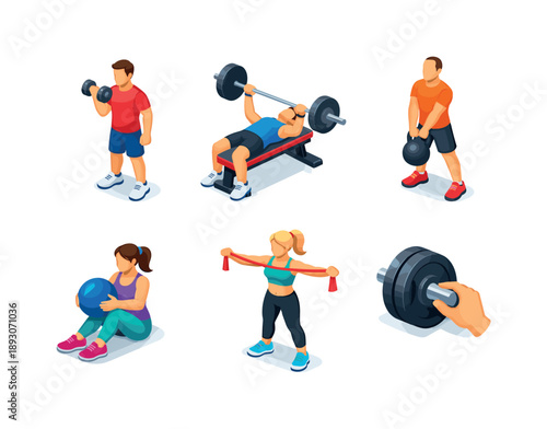 Colorful Fitness Icons Grid. Fitness routine. Isometric flat vector icons set of fitness routine: dumbbell curl repetition, bench press setup, kettlebell lift,