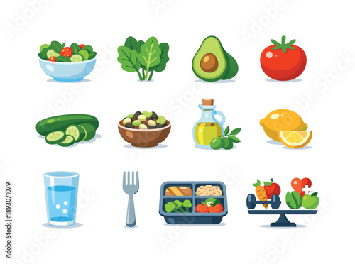 Healthy Meal Icons. Healthy Meal. Colorful flat vector icons set of Healthy Meal: salad bowl, leafy greens, avocado, tomato, cucumber, seeds mix, olive oil,