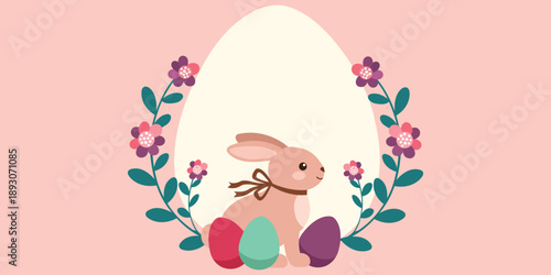 Easter Bunny Illustration: A charming bunny illustration sits amidst decorated eggs and a floral wreath, all set against a soft pink backdrop, evoking the joy and anticipation of the spring holiday.