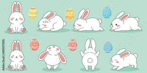Easter Bunny Collection: A delightful illustration showcases a collection of adorable bunnies, surrounded by colorful Easter eggs, capturing the joyous spirit of spring and festive celebrations.