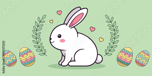 Enchanting Easter Bunny: A charming illustration captures the essence of Easter, a fluffy white bunny surrounded by colorful decorated eggs and gentle green sprigs.