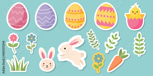 Easter Egg Decorations: A vibrant collection of colorful Easter eggs, a playful bunny, and various spring-themed elements that encapsulate the spirit of Easter