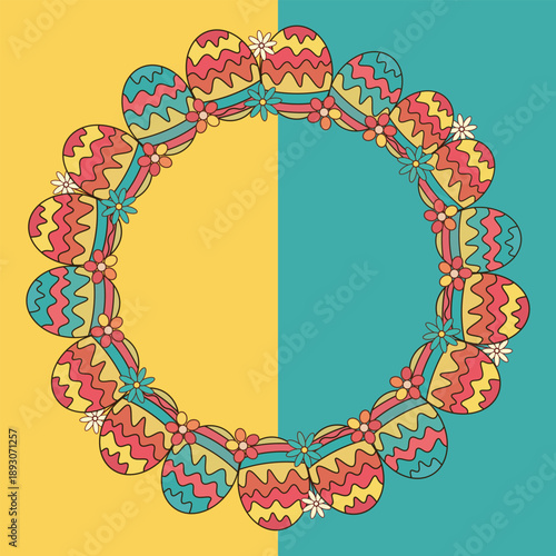 Easter egg wreath : A beautiful wreath of colorful decorated eggs, symbolizes the arrival of spring, arranged in a circular formation, is a celebration of renewal and joy.