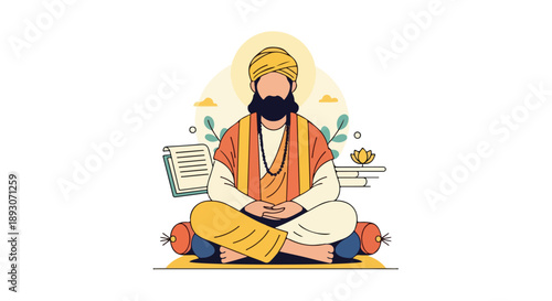 Illustration of a man sitting cross-legged wearing traditional clothing and a turban with a book and flowers.