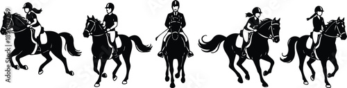 Silhouette vector equestrian riders in motion five horse figures side view and frontal view dynamic riding action black and white composition helmets canter gallop trot frontal