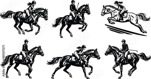 Line art equestrian silhouettes set six riding horses in gallop and jump various angles close up side view sports riders in helmet motion black white