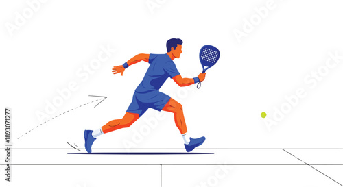 Man in blue outfit playing tennis on a court with a racket and ball.