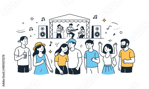 Joyful Music Gathering. Music festival scene. A calm moment of people listening to music, some standing still, others gently moving to the rhythm.