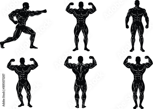 Vector silhouette bodybuilding poses six muscleman figures in front back and side stances showing biceps triceps chest legs for fitness branding and sports logos icon set
