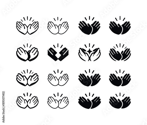 Joyful Emblem Variations. A person experiencing a joyful moment, smiling and laughing with others. Icon set. Set Logo of joyful moment: hands clapping in joy.